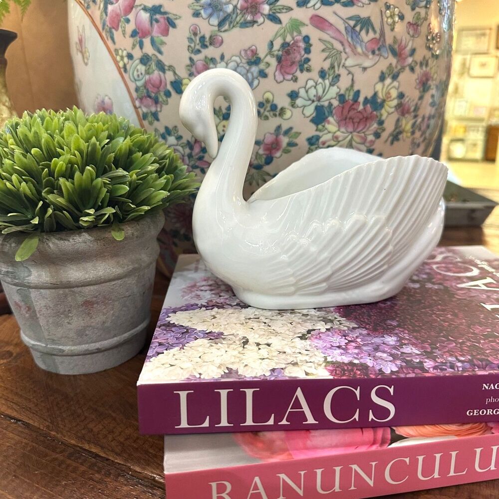 Vintage White Porcelain Swan Planter, Cottage Decor Accent Vase Bowl